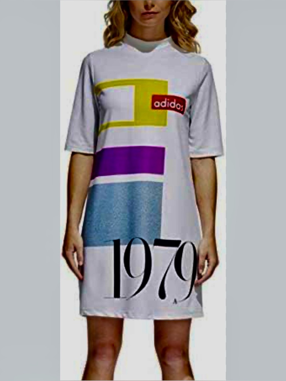 adidas Collective Memories White 1979 Mini Dress w Yellow, Purple & Blue Graphic